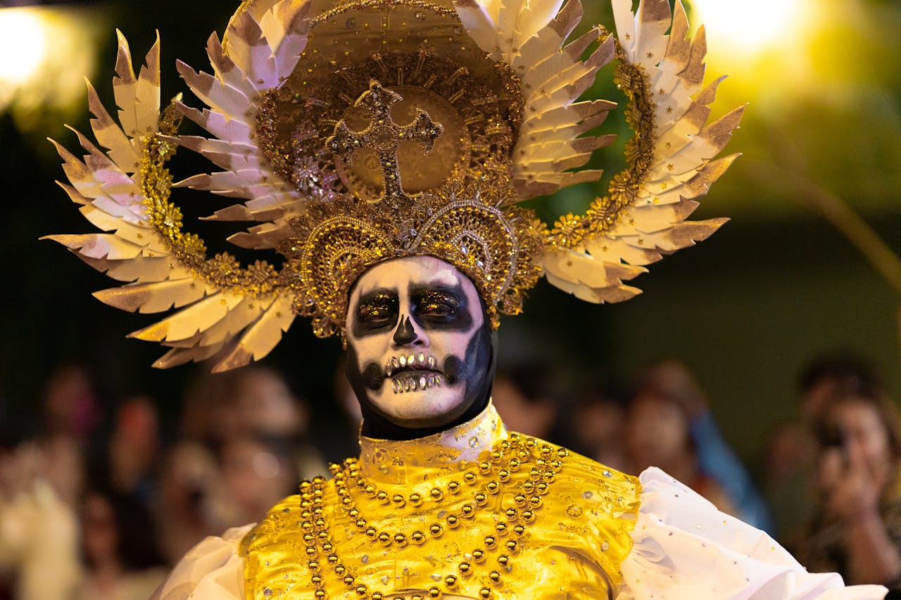 Stunning Day of the Dead costume at a colorful parade in Merida, Yucatan, Mexico.